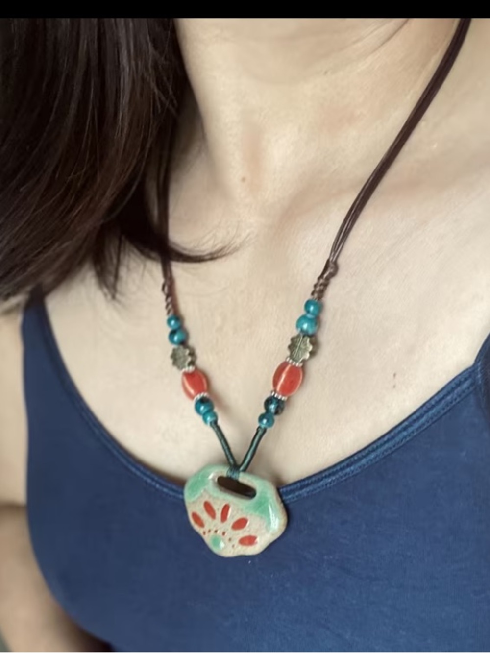 Boho Green and Coral Ceramic Pendant Necklace